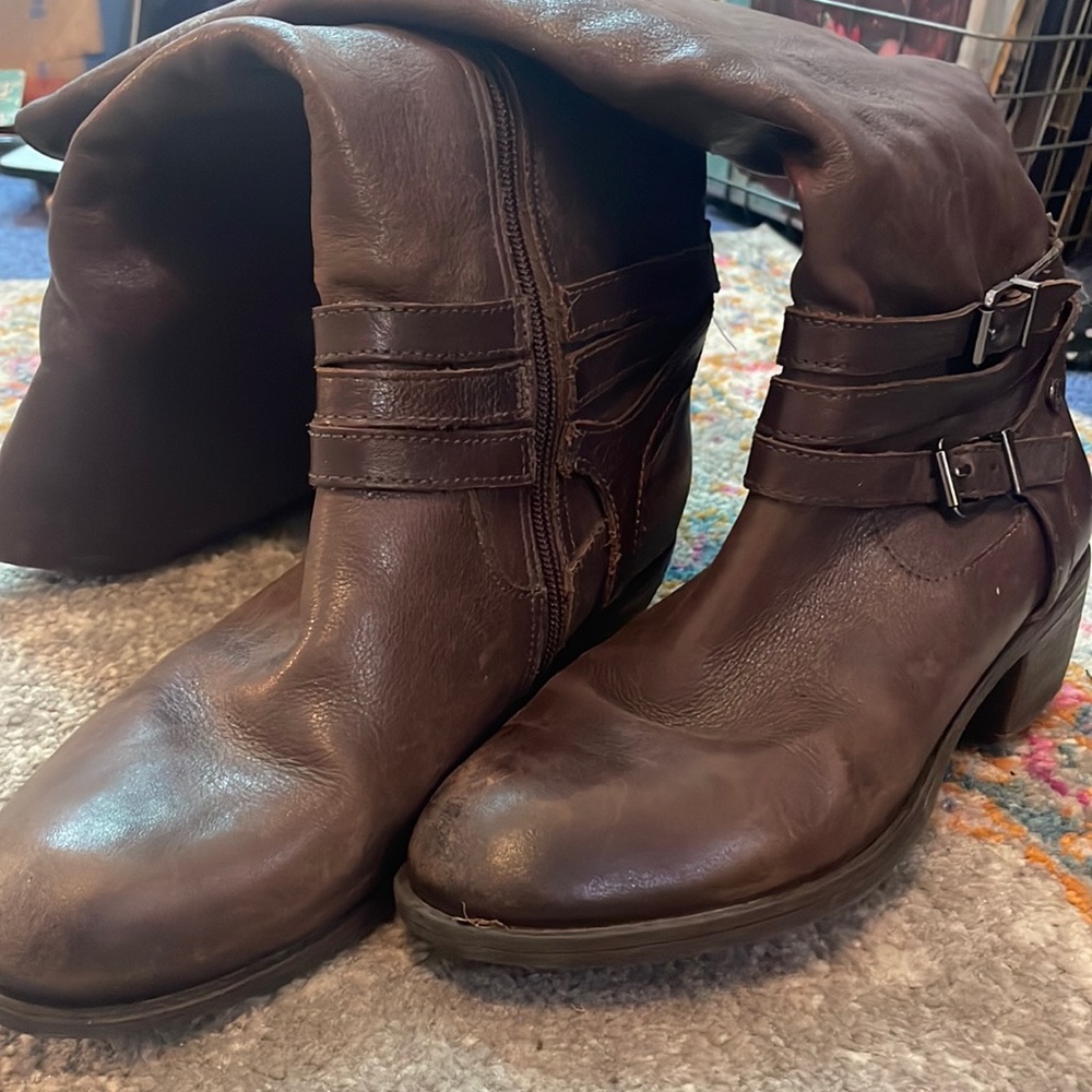 Nurture Dark Brown Leather Riding Boot Knee High Buckle Slip On Style Heel